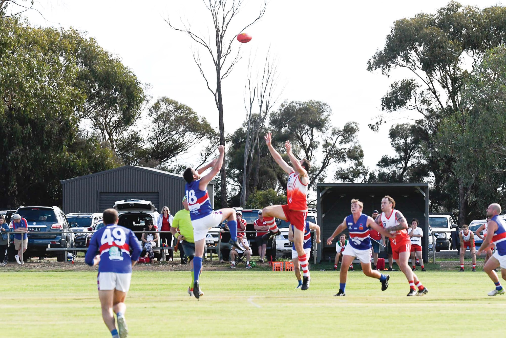 First use ... Strathmerton’s Clayton Zanella contests the ruck against Katunga’s Mitch Sidebottom. 