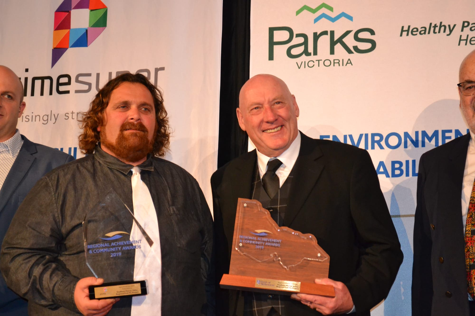 Happy fellas ... Goulburn Murray Valley  Regional Fruit Fly Project Governance Group Chair Tony Siciliano and project coordinator Ross Abberfield receive the award at a gala dinner in Melbourne.