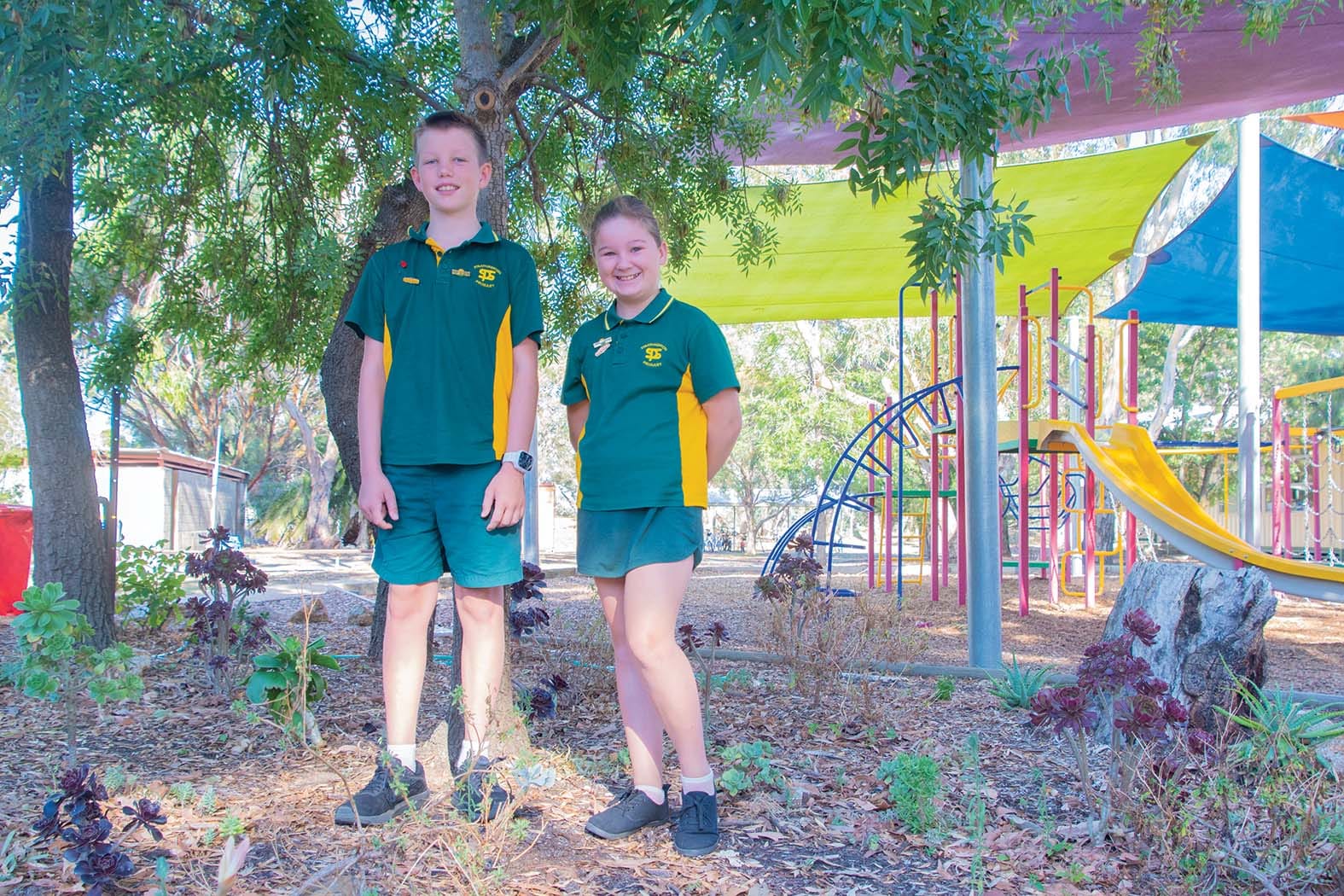 Strathmerton Primary ... Tory Wilson (left) ready to lead the school with Ivy Henderson. 
