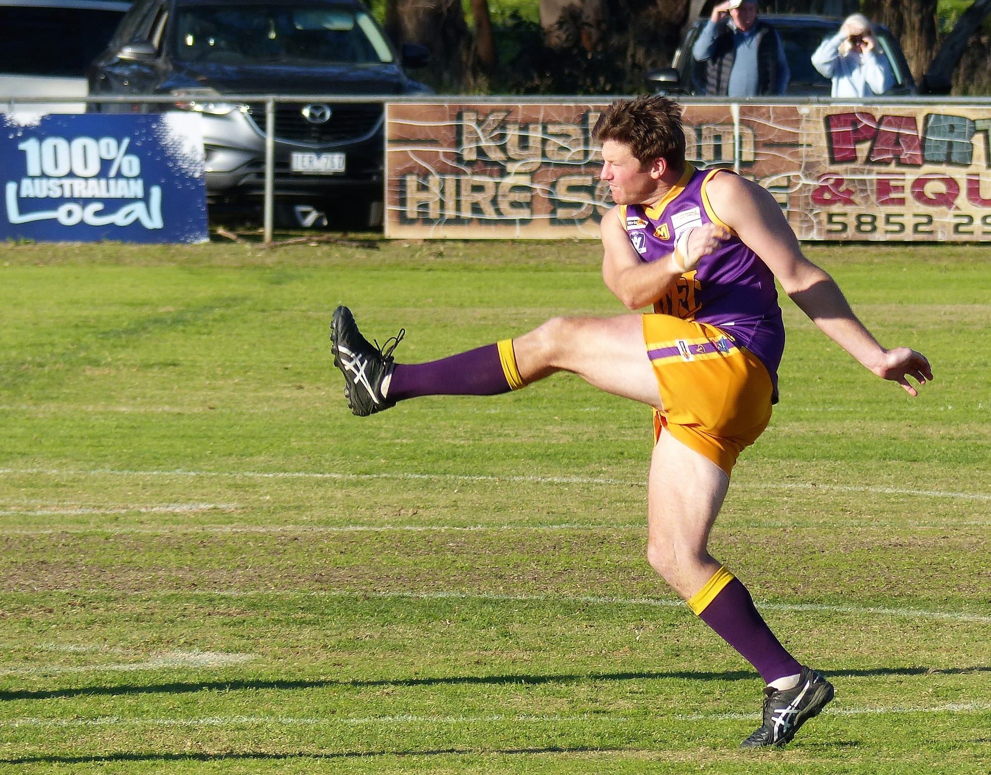 Bang ... Jarrod Maskell was one of Nathalia’s better players in a convincing loss in the seniors. 
