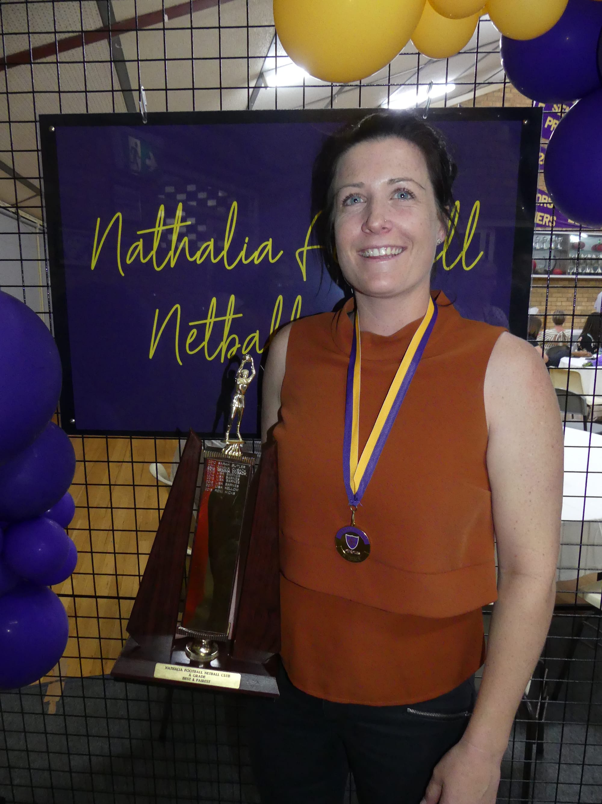 Six of the best … Nathalia A grade netball champion Lisa Kellow, with her sixth best and fairest award.