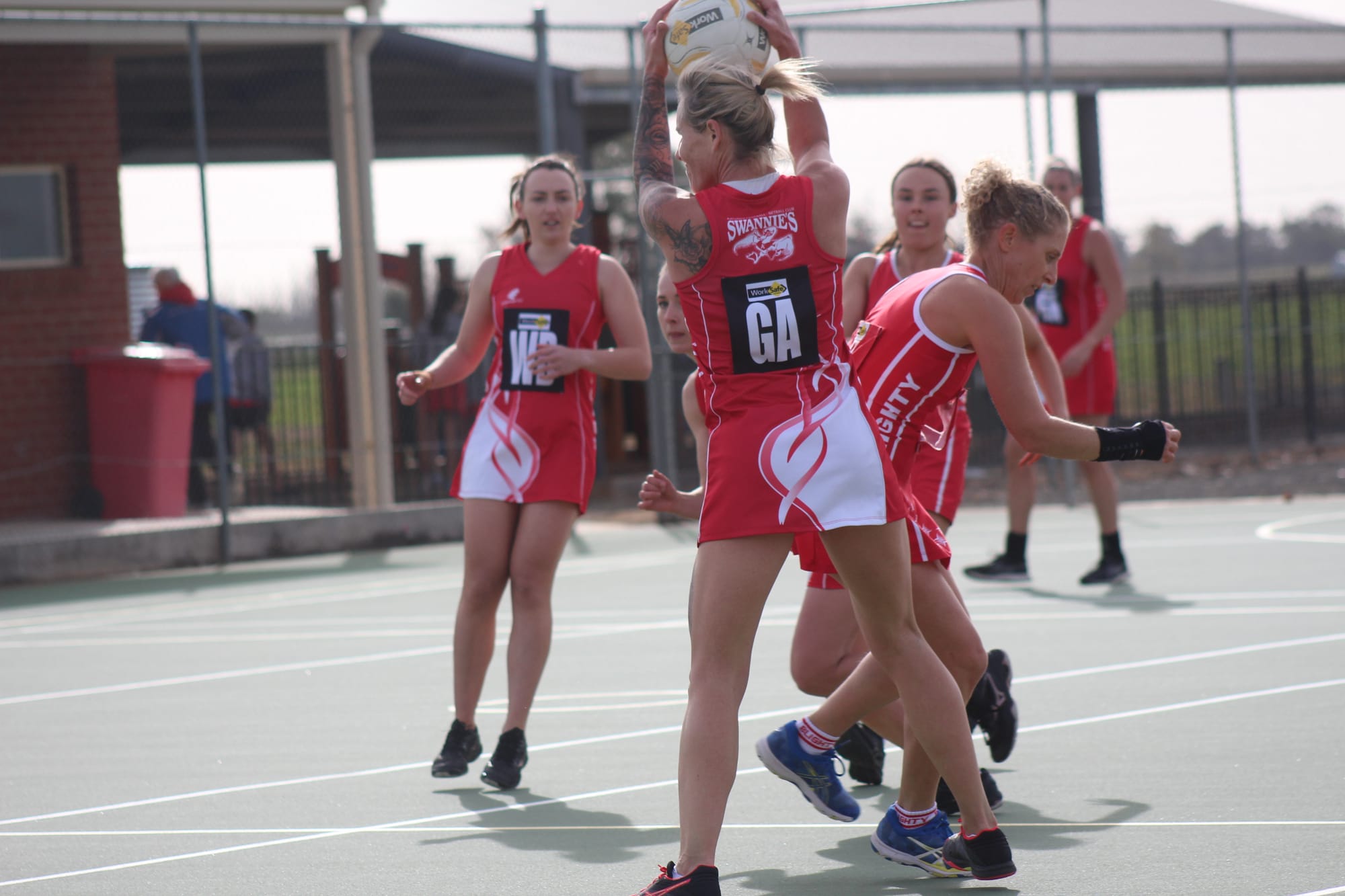 Strong in the air ... Aimee Sidebottom catches a ball while playing goal attack for Katunga in A-grade at the weekend.
