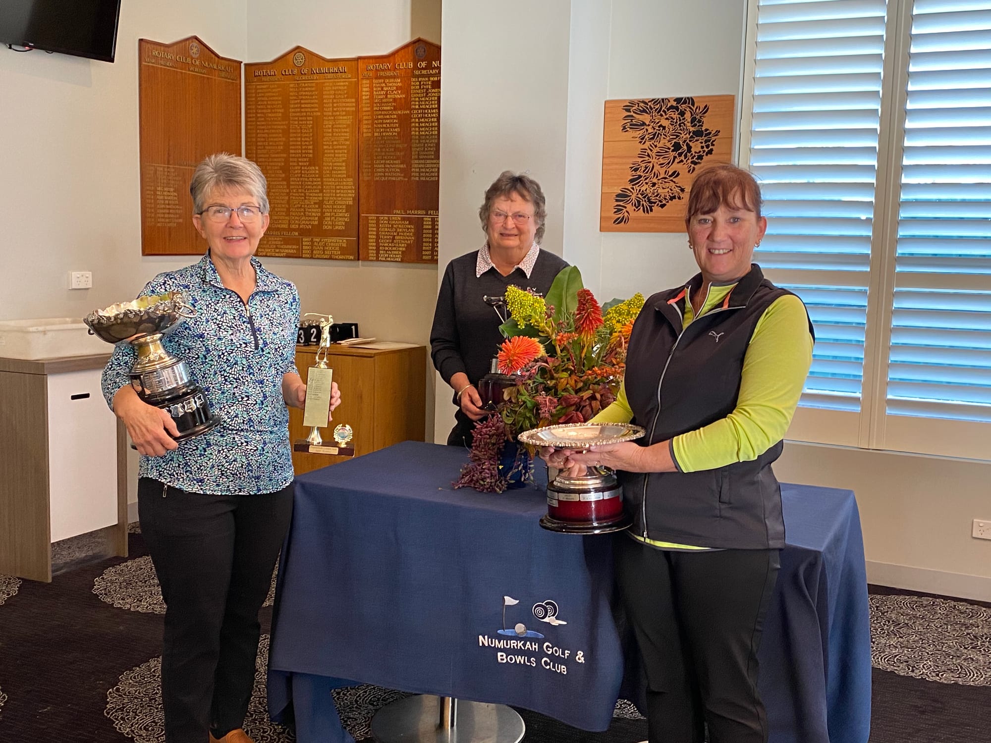 Ten and counting ... Tracey Clouston (right) with her 10th Numurkah Golf Club championship trophy, and minor winners Julie Hannaford and Marie Ryan.