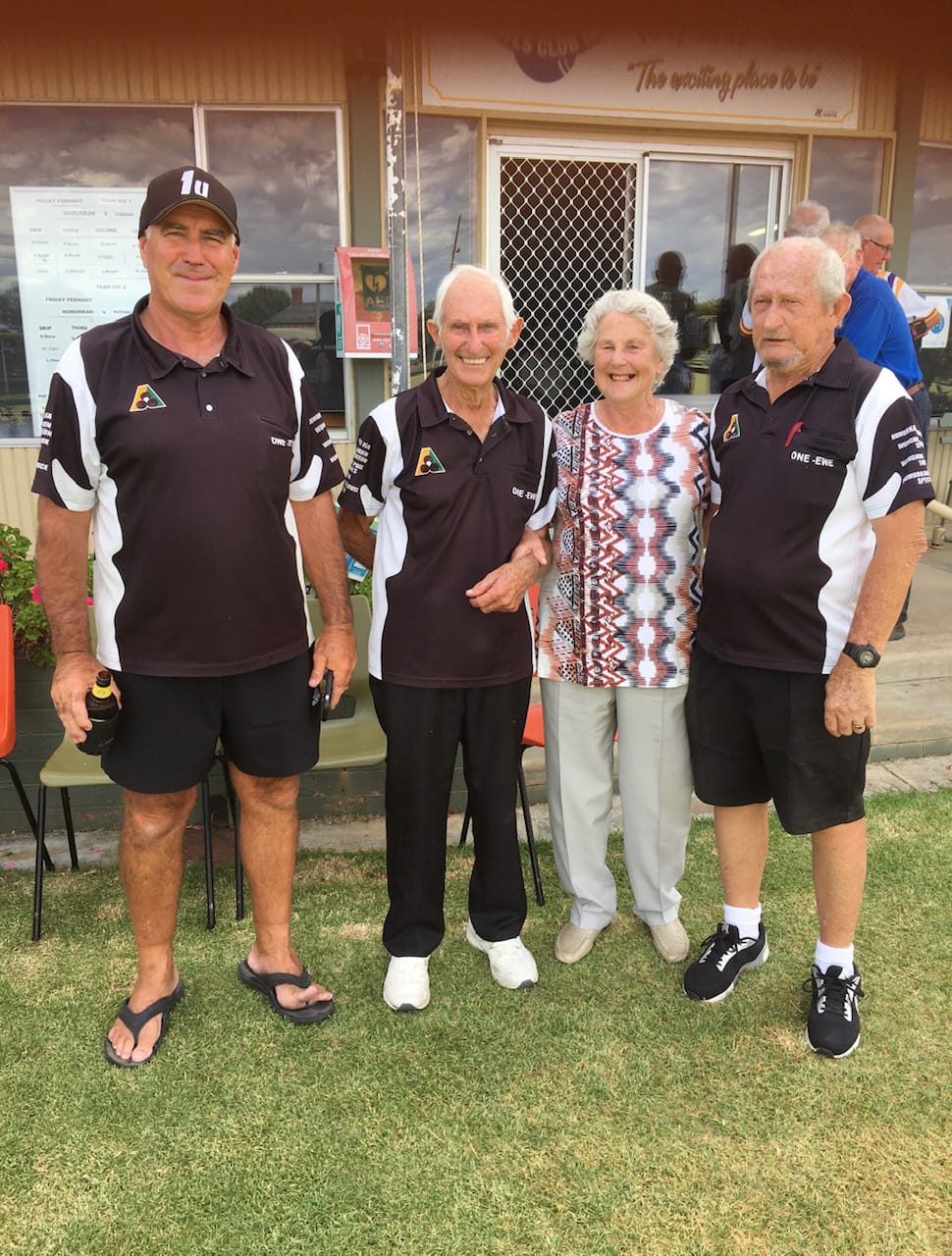 Great day of bowls ... (From left): John McKensie, Jim Brown, Jennifer Sprunt and Barry Cosgrove after the J.D. Galt Open triples.