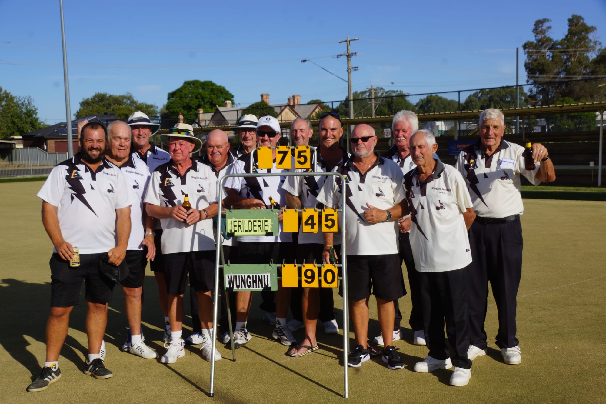 Elation ... (From left): Damien Hommes, Les Clark, Paul Richardson, Ian Gray, Jack Rigoni, Leo Shannon, Dean Graham, Peter Graham, Mark Shelton, Rob Robison, Ivan Newby, Jim Brown, Russell Burkitt. 