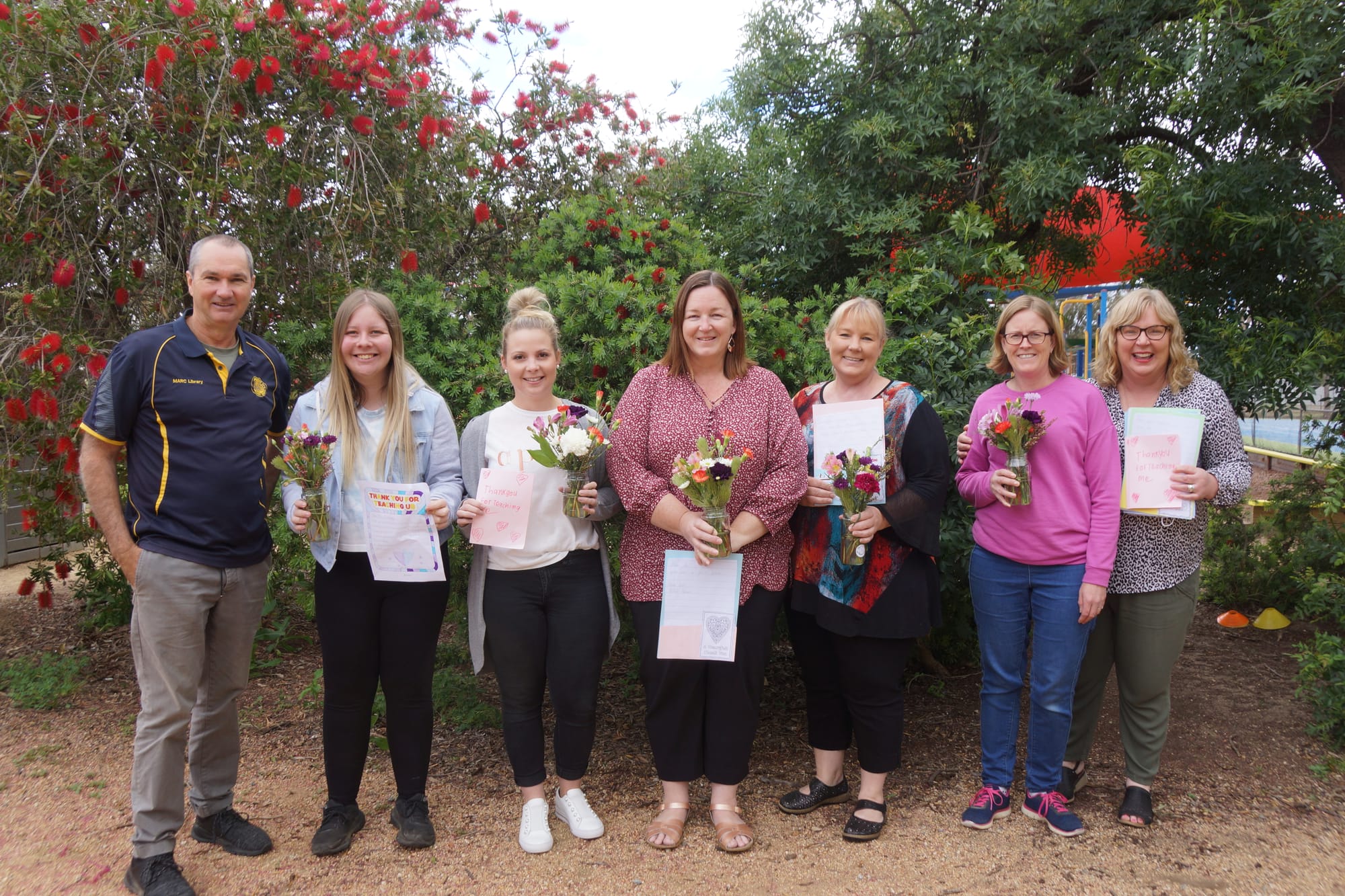 Their day... Katunga Primary School teachers (from left): Bob Boyer, Jemma Grandell, Stacey-Anne Wilkinson, Krystin Mynard, Vickie Patterson, Sarah Forster and principal Nat Hopcroft.
