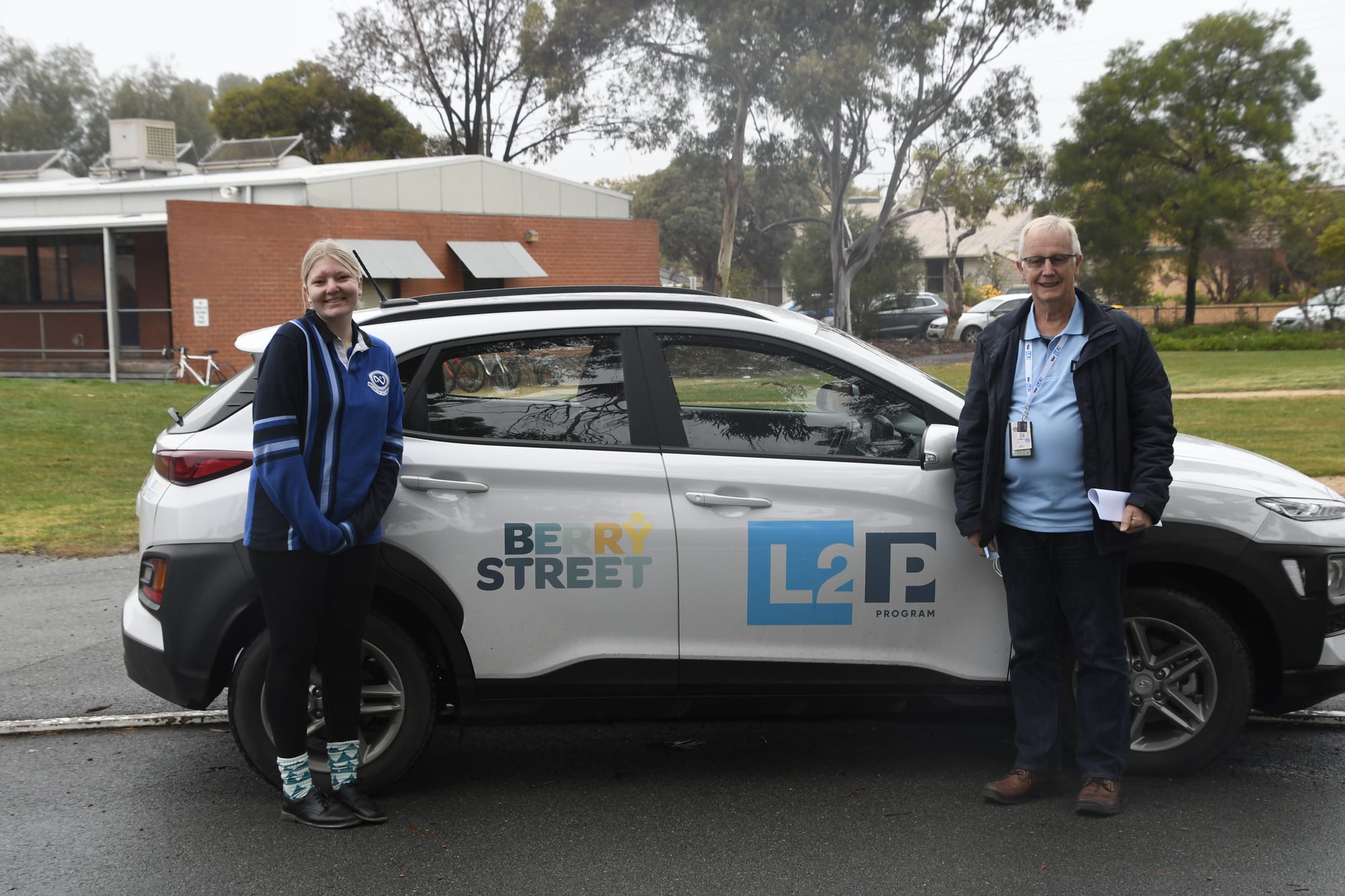 Time to hit the road... NSC student Shannon Martin and L2Ps driving mentor Bill Winters get ready to head out in the program’s brand new Hyundai Kona.