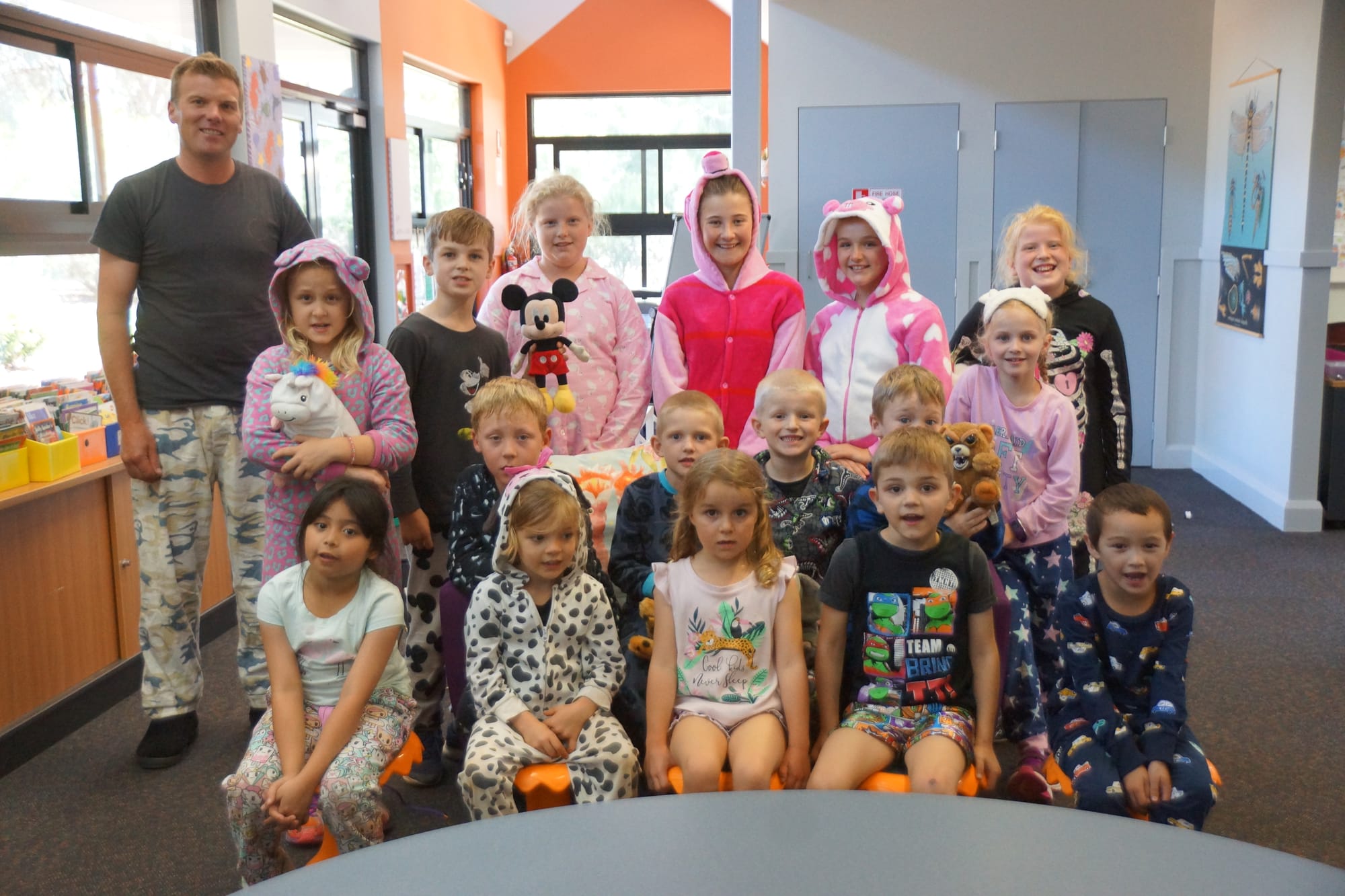 PJ power ... School council president Bud Stammers joined in the fun of PJ Day.  Back (from left): 
Andrew, Millie, Bonnie, Rhani and Tillie. Middle: Jordynn, Jesse, Raleigh, Logan, Dean and Indi. Front: Kelsie, Joss, Aimee, Jackson and William.