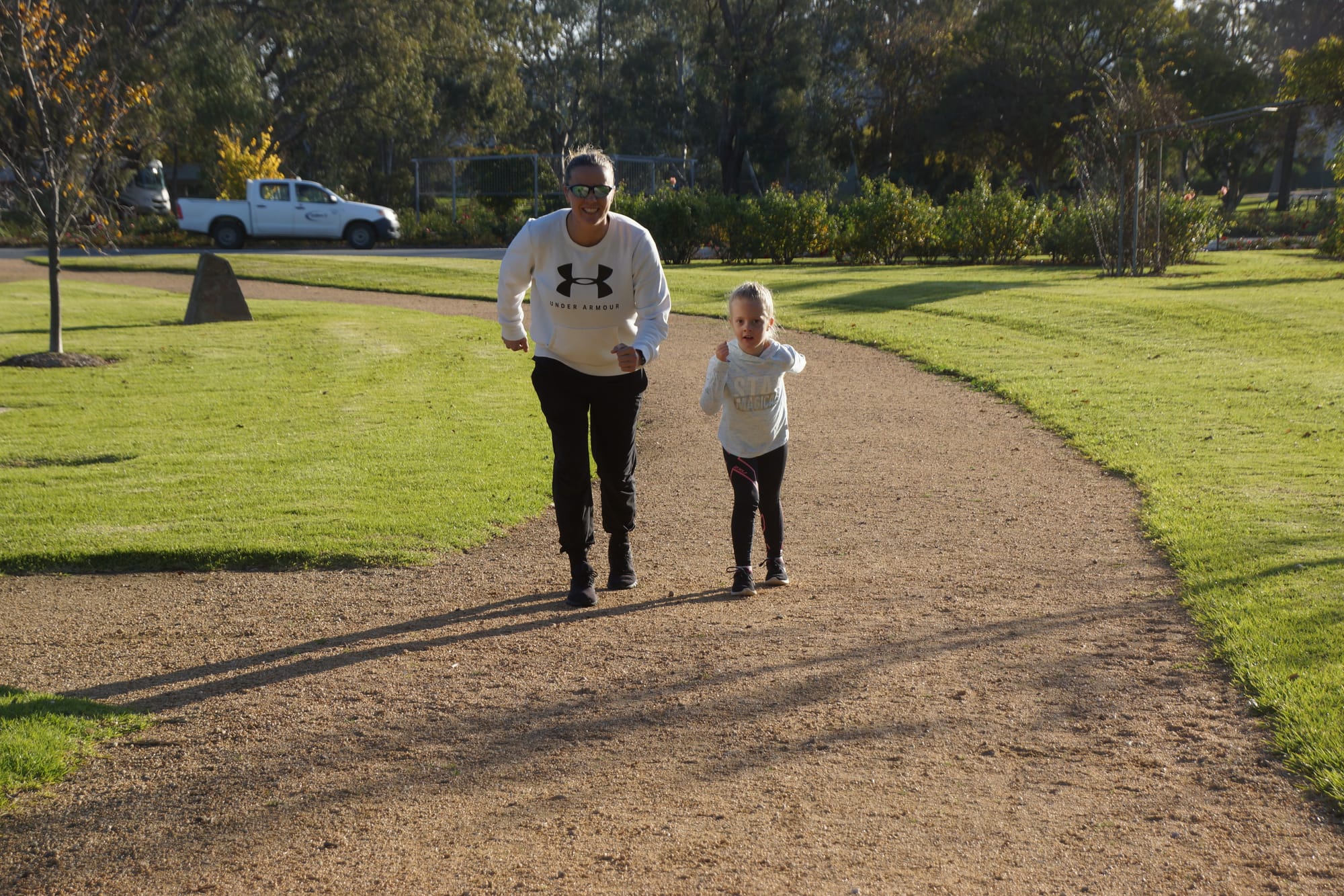 Ready to get going ... Leanne and Caylee Rawson test out the starting point for the Numurkah park run - coming soon. 
