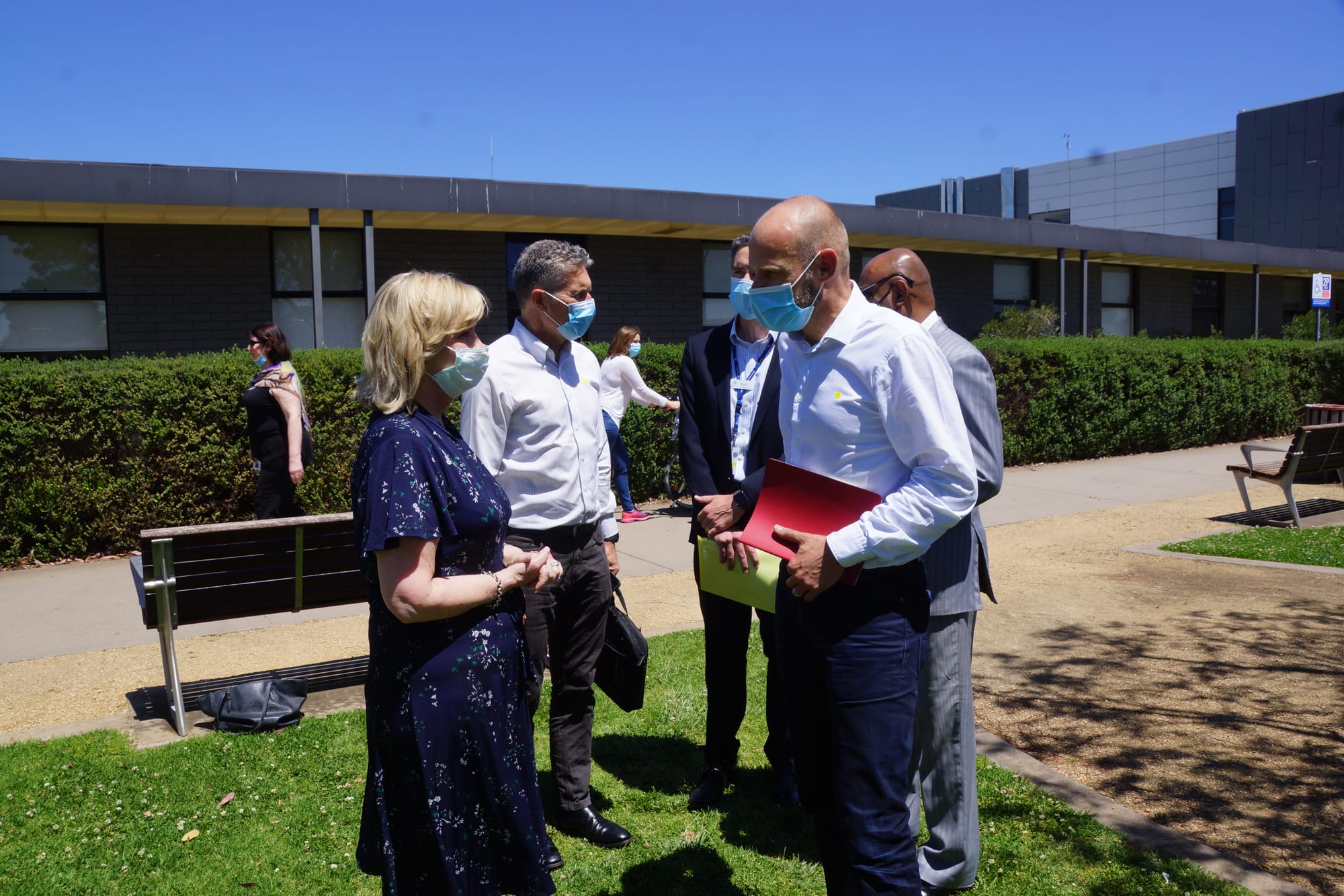 Community leaders... Greater Shepparton Mayor Kim O’Keefe (left) chatting with COVID-19 Response Commander Jeroen Weimar.
