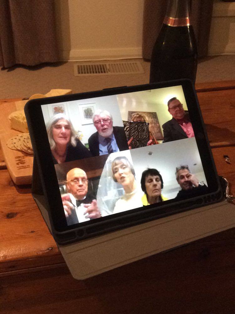 Cheers over Zoom ... Members of Heather and Shaun’s wedding party joined the anniversary celebration via Zoom.
