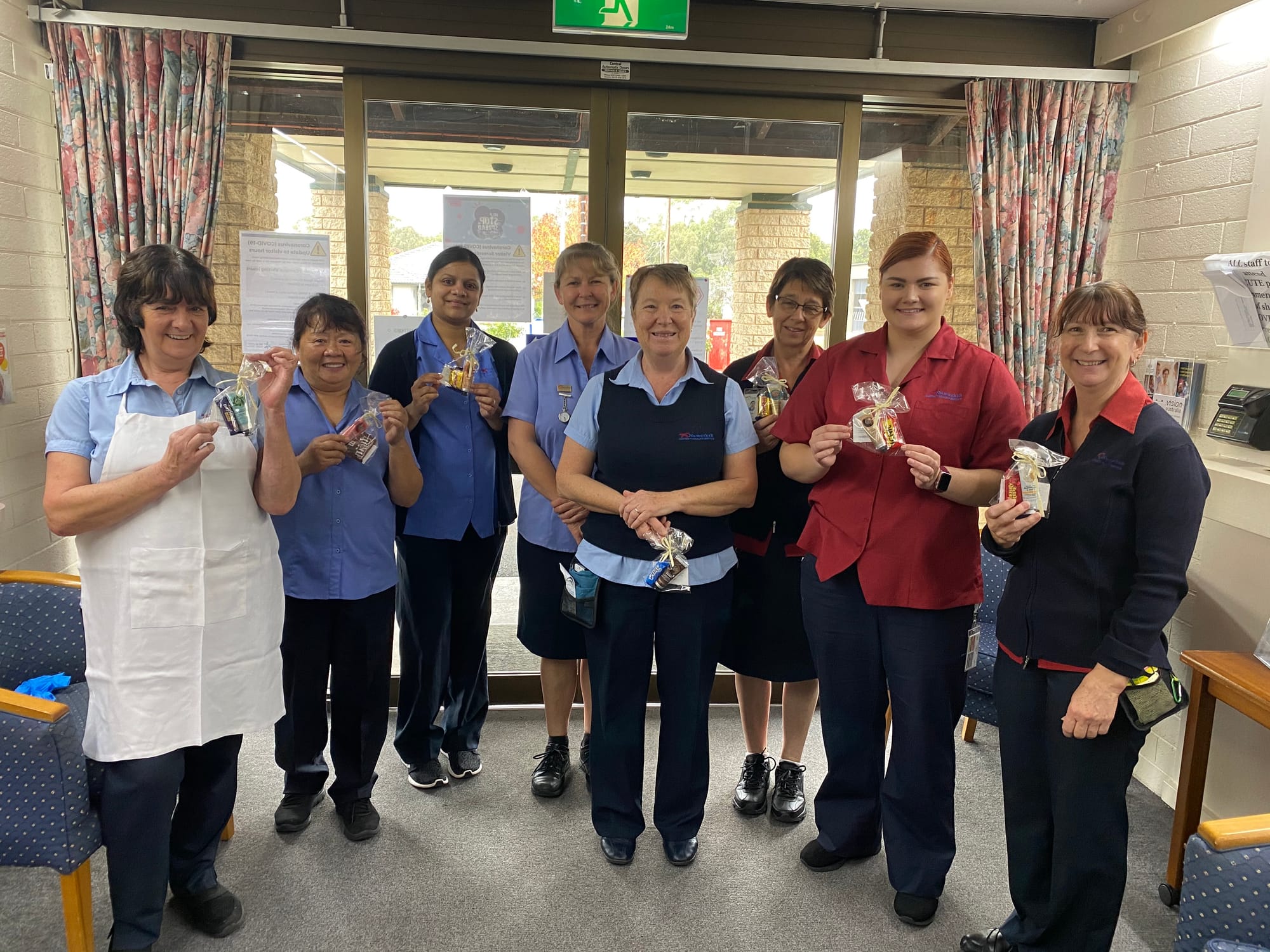 Thrilled ... Numurkah health staff (from left): Marie Coonerty, Beth Adams, Diya Jose, Michelle Strawhorn, Julie Jenkins, Pam Malcolm, Sophie Jorgensen and Rosemary Hicks were happy to receive the gifts and know the community appreciates their efforts.