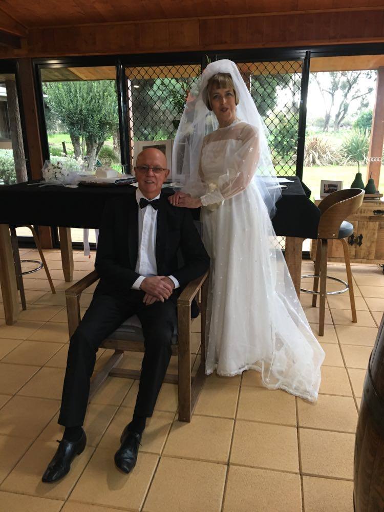 The happy couple ... Shaun and Heather Kelly celebrated their 50th wedding anniversary on Saturday wearing some of their original 1970s finery.

