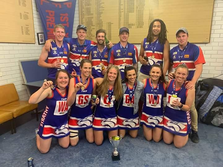 Premiership couples ... (From left): Nathan McNair and Grace Thomson, Mick and Kelley Laidlaw, Brandon Duckworth and Alyssa Crestani, Tyron and Caitlin Hill, Theo Thomas and Vanessa Ward, Matt O’Kane and Caitlyn Price.